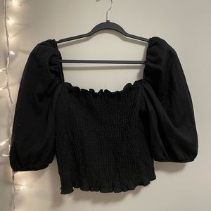 H&M Black Puff Sleeved Smocked Blouse